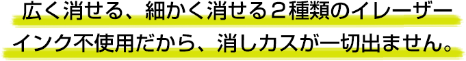 広く消せる、細かく消せる2種類のイレーザー。インク不使用だから、消しカスが一切出ません