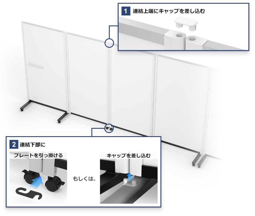 連結上端にキャップを差し込む。連結下部に「プレートをひっかける」もしくは「キャップを差し込む」